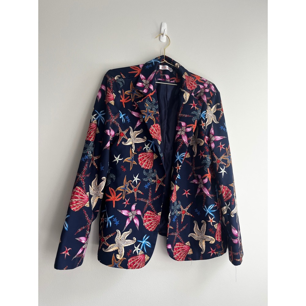 HMSN Navy Blue Nautical Starfish Seashell Print Blazer Notched Lapel Lined Large